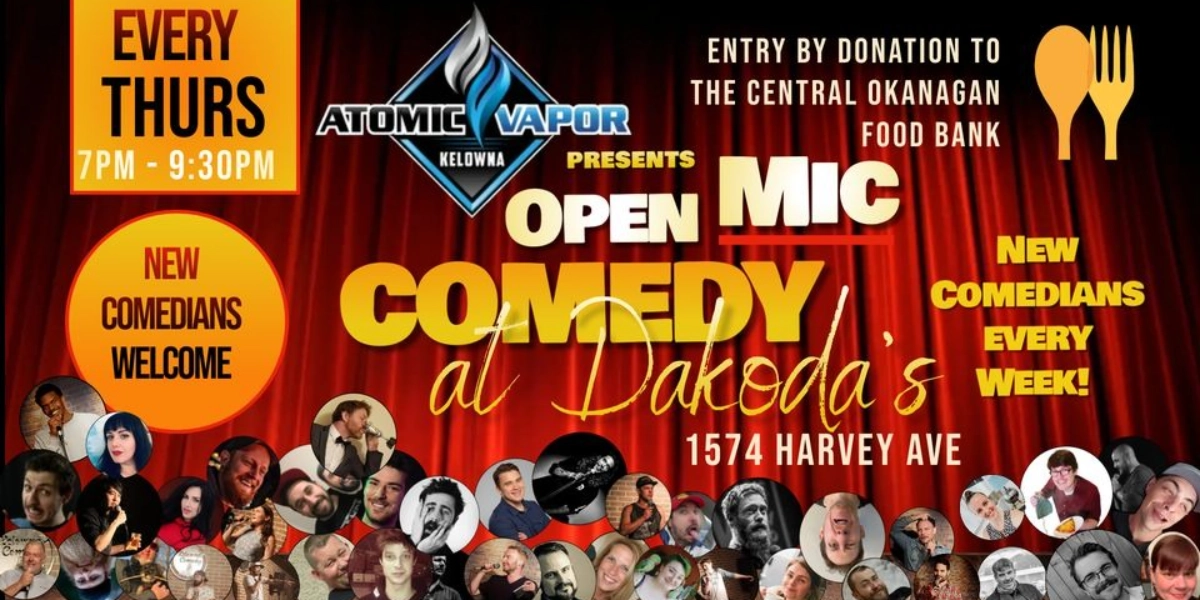 Event image for Atomic Vapor presents Open Mic Comedy for the Central Okanagan Food Bank