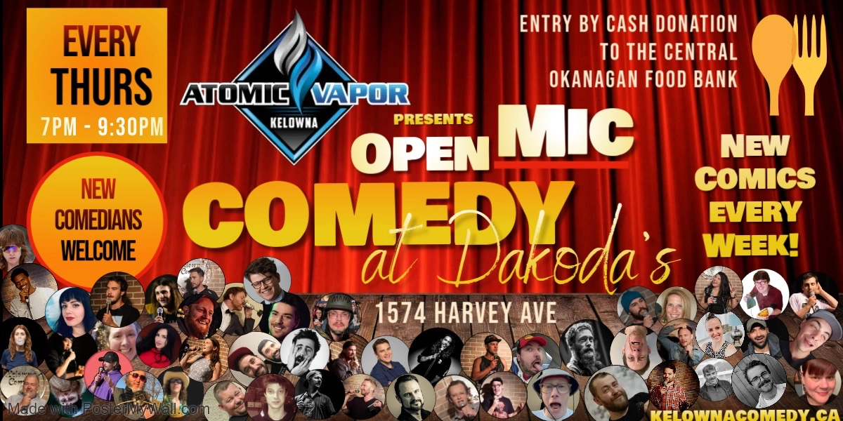 Event image for Atomic Vapor presents Open Mic Comedy for the Central Okanagan Food Bank