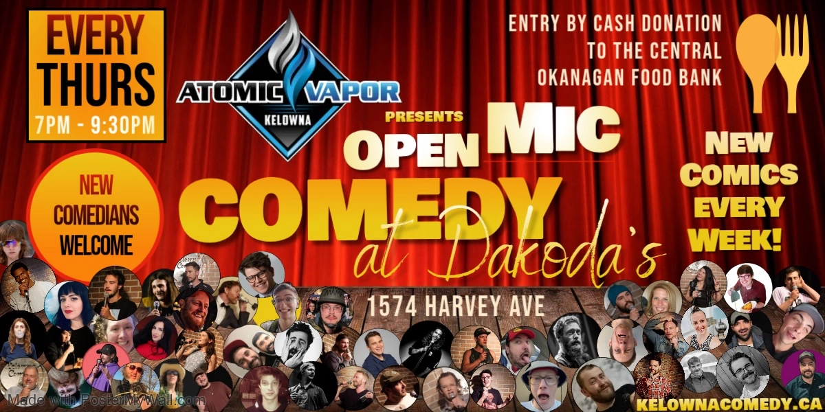 Event image for Atomic Vapor presents Open Mic Comedy for the Central Okanagan Food Bank