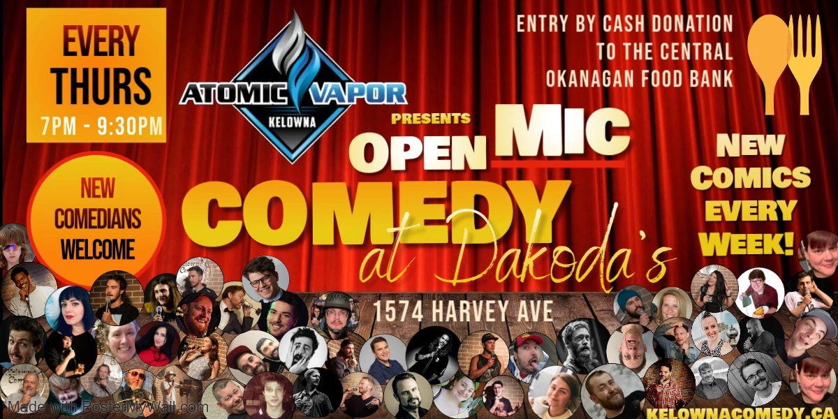 Event image for Atomic Vapor presents Open Mic Comedy for the Central Okanagan Food Bank