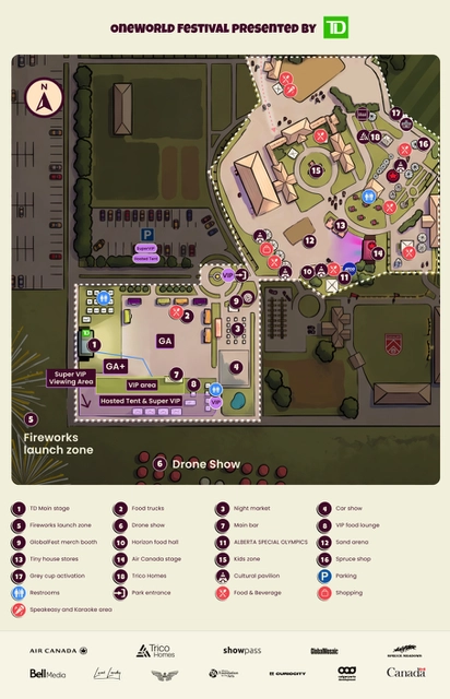 GlobalFest full site map showing stages, entrances, food areas, vendor zones and accessibility routes