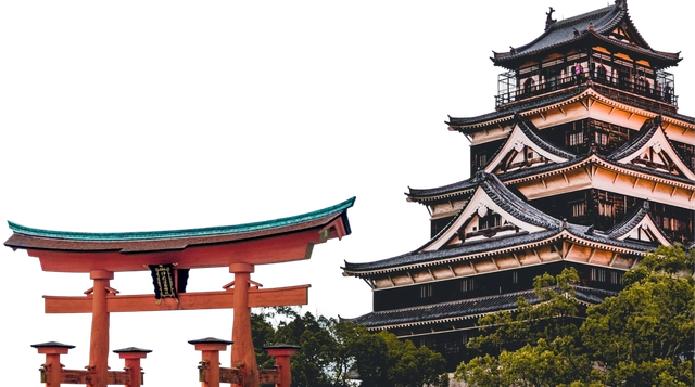 Japanese castle and torii gate